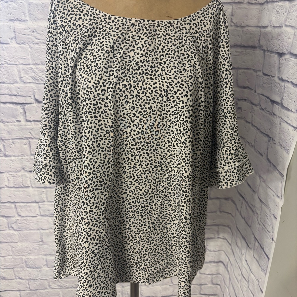Shein 2XL Blouse – Black & White Leopard Top, Flowy 3/4 Sleeve Tunic